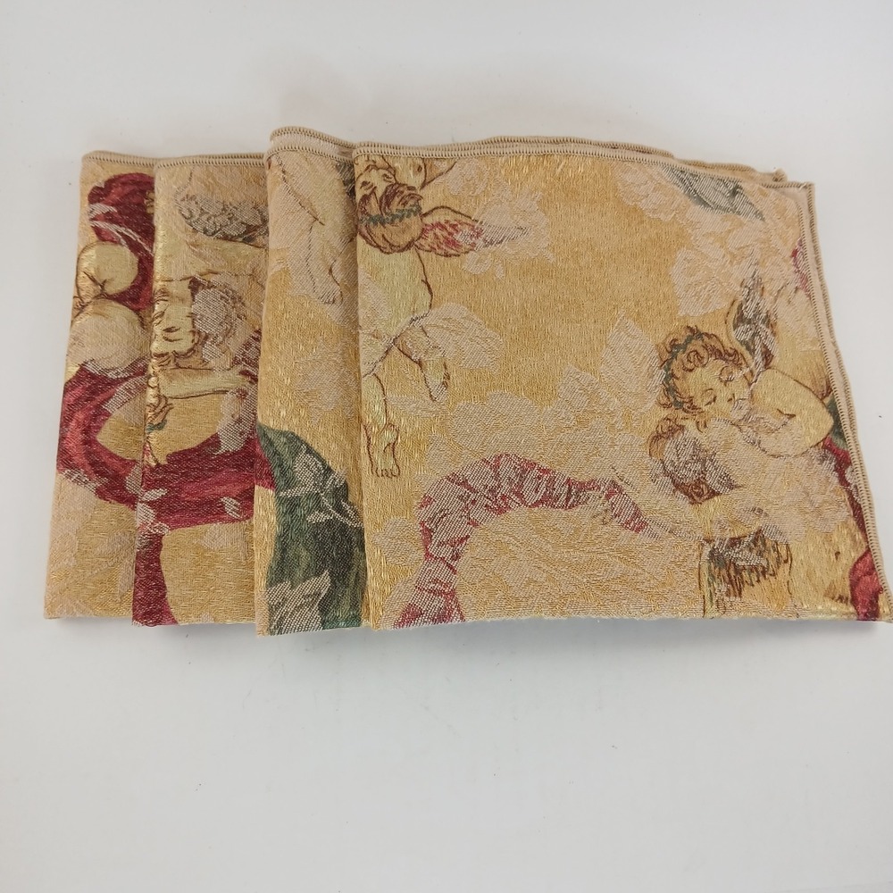 Set Of 4 Napkins Soft Gold Floral Cherubs Ribbon Brocade 16"x16" Angel Square